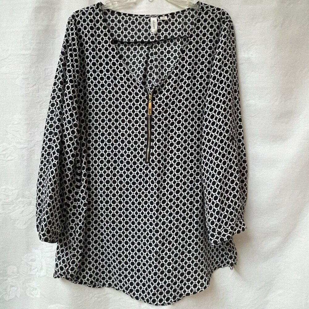 Tacera Blouse Womens 1X Black White Gold Zip Tunic Lightweight Geometric Plus